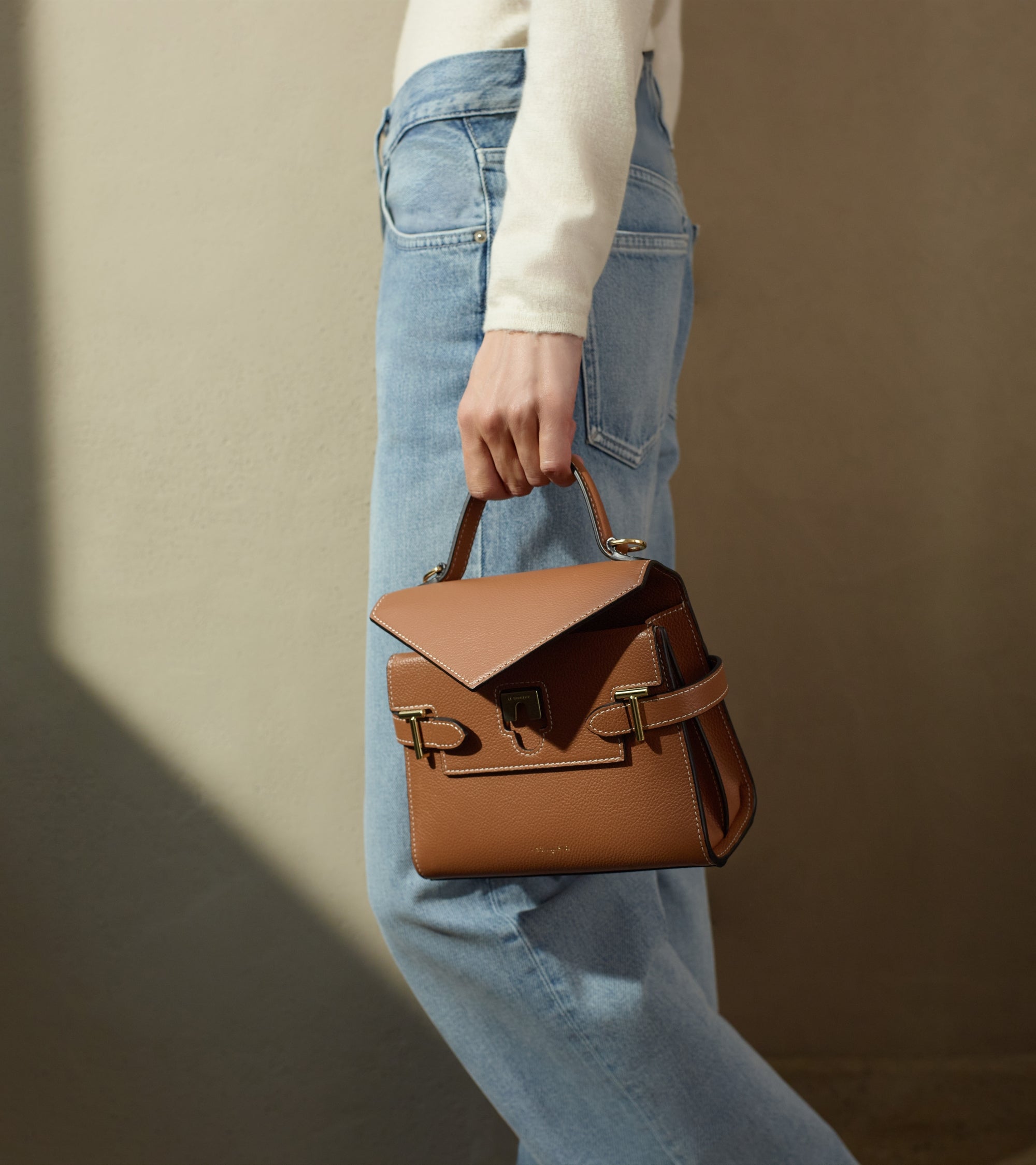 Emilie small grained leather double flap handbag