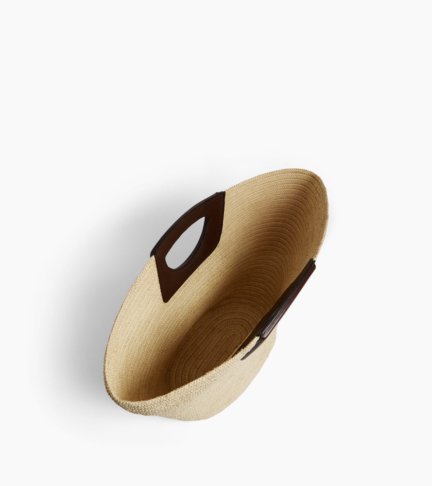 Grand sac cabas en raphia naturel et cuir lisse végétal