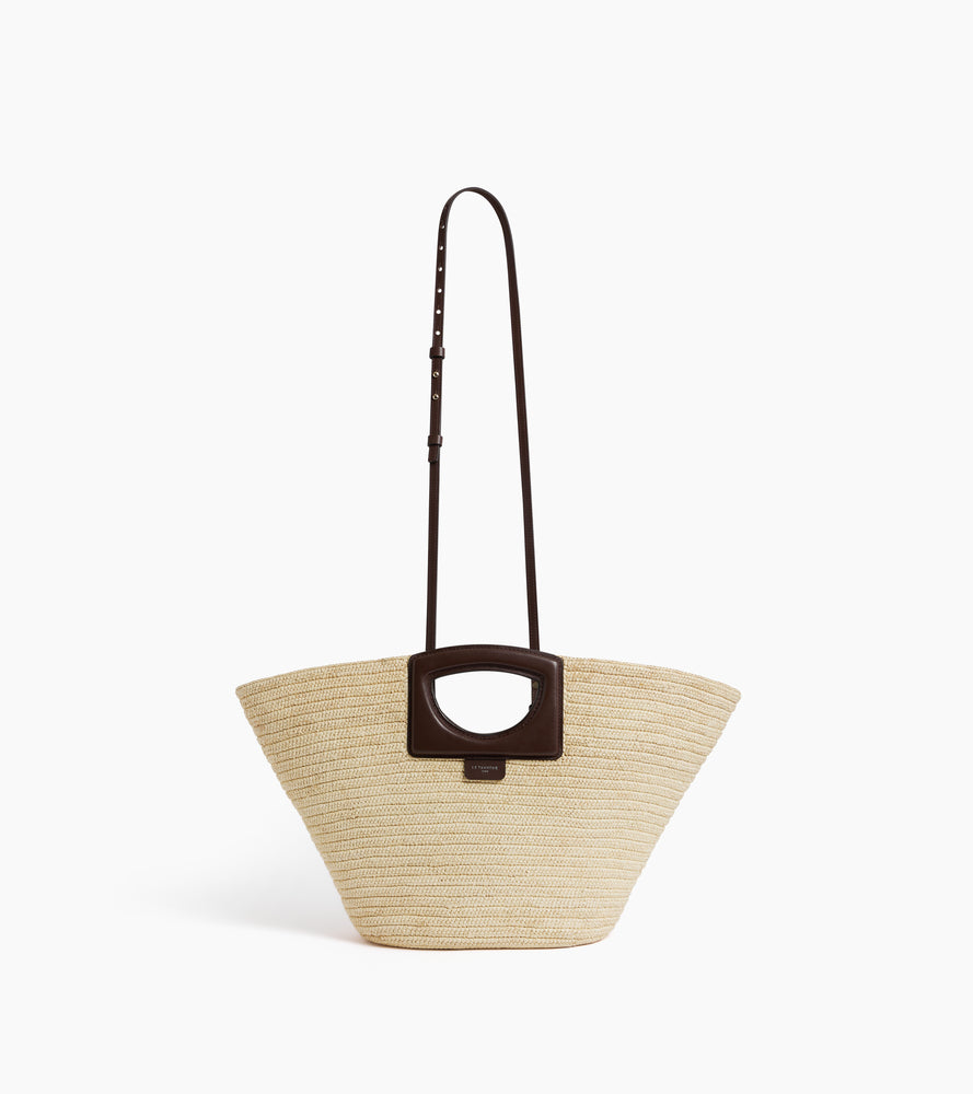 Bolso tote grande en rafia natural y cuero liso vegetal